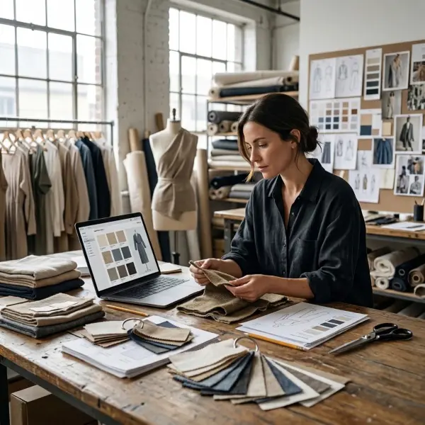 Fashion designer comparing digital material swatches with physical fabric samples during apparel collection development