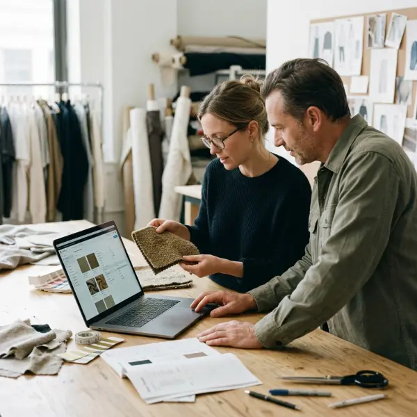 Apparel product development team reviewing digital fabric records and physical swatches during a material approval discussion