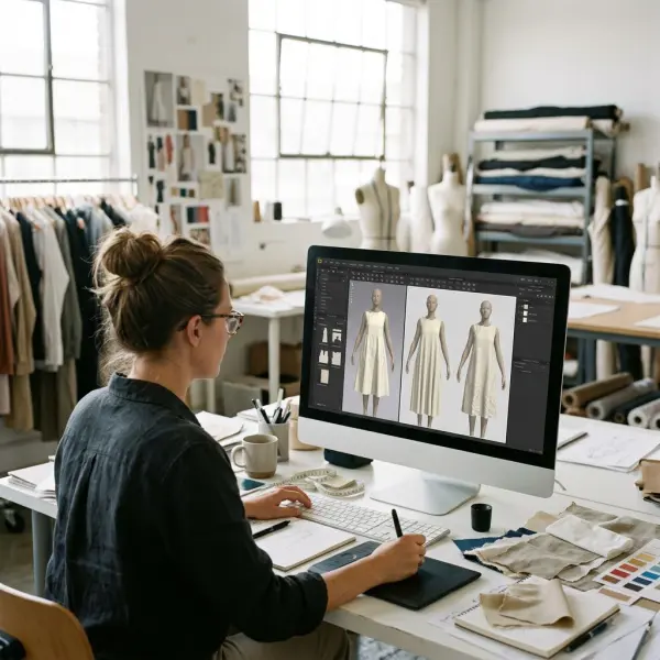 Fashion designer reviewing three realistic virtual dress variations with different digital fabric materials
