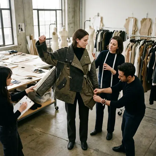 Fashion design team evaluating a statement garment for visual impact comfort and rewear potential