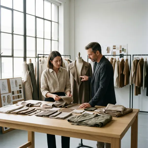 Tim pengembangan produk mengevaluasi palet earth tone untuk koleksi fashion