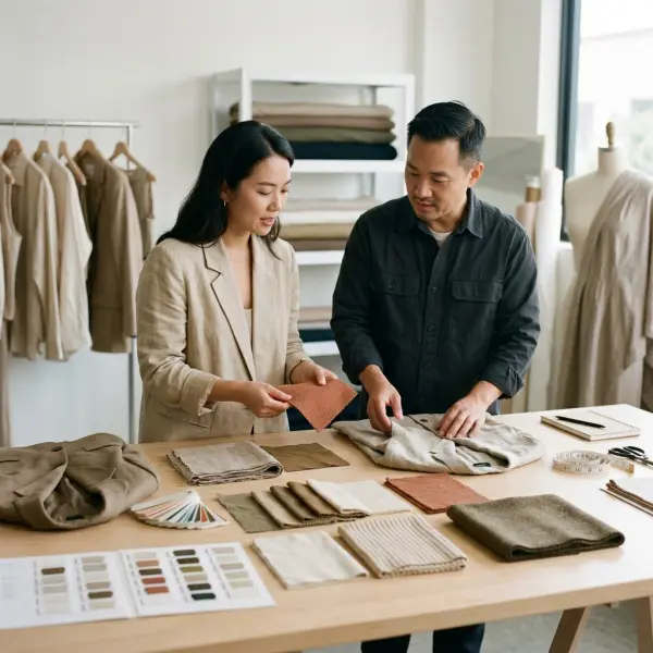Proses pemeriksaan sampel kain earth tone dalam pengembangan produk fashion