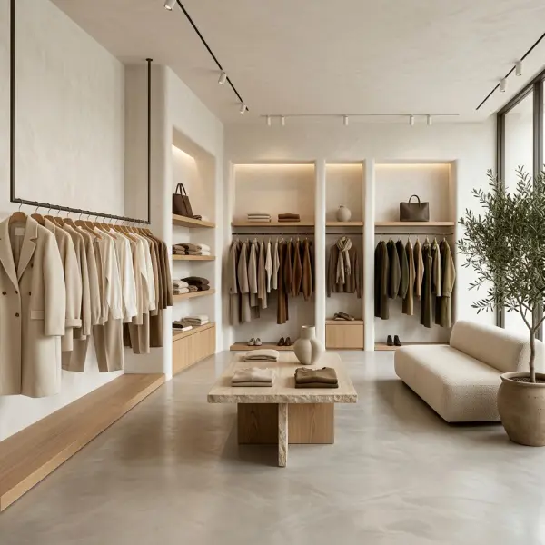 Penataan koleksi busana earth tone dalam ruang retail dengan susunan warna yang harmonis