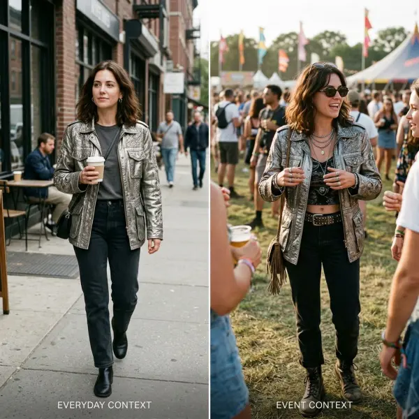 Comparison showing how the same distinctive garment appears different in everyday and festival contexts