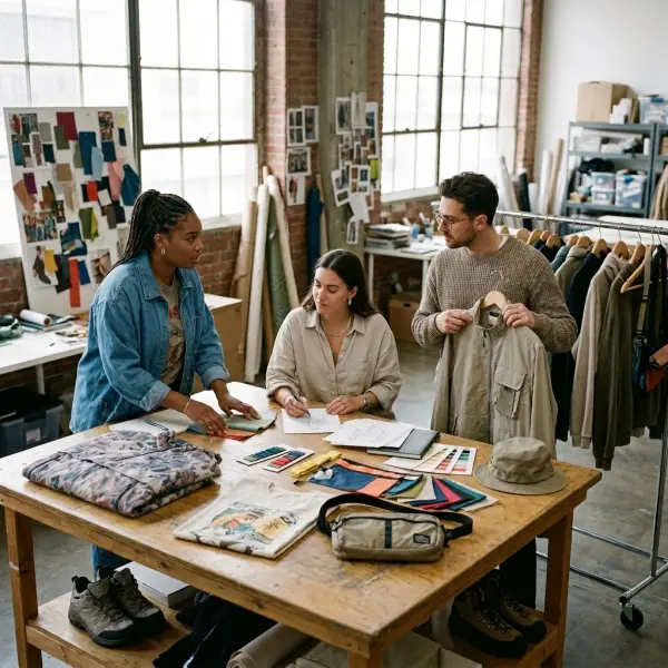 Fashion team planning versatile festival-ready apparel and accessories around practical event needs
