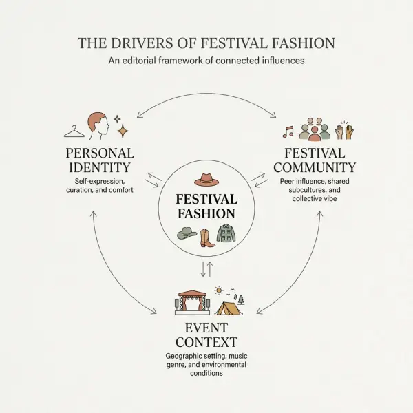 Framework showing how personal identity, festival community, and event context shape festival fashion choices