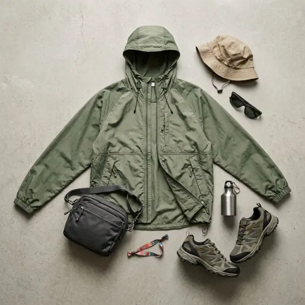 Close-up of practical festival clothing details including secure bag closure, lightweight layering, and comfortable footwear