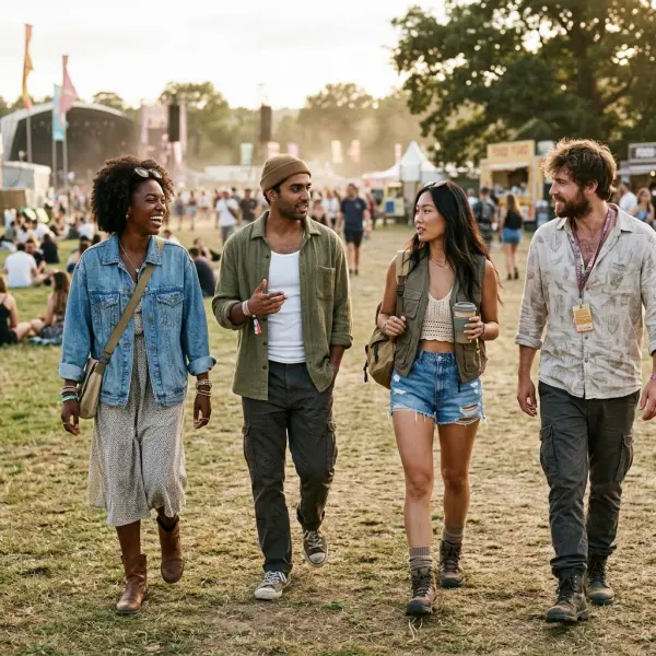 Festival attendees expressing personal style through varied clothing and accessories at an outdoor music event