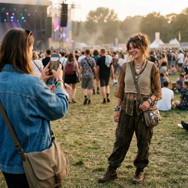 Festival attendee photographing a friend's outfit during an outdoor music event