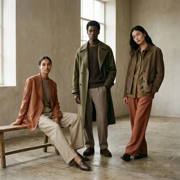 Ragam busana earth tone dengan karakter visual berbeda berdasarkan warna dan material