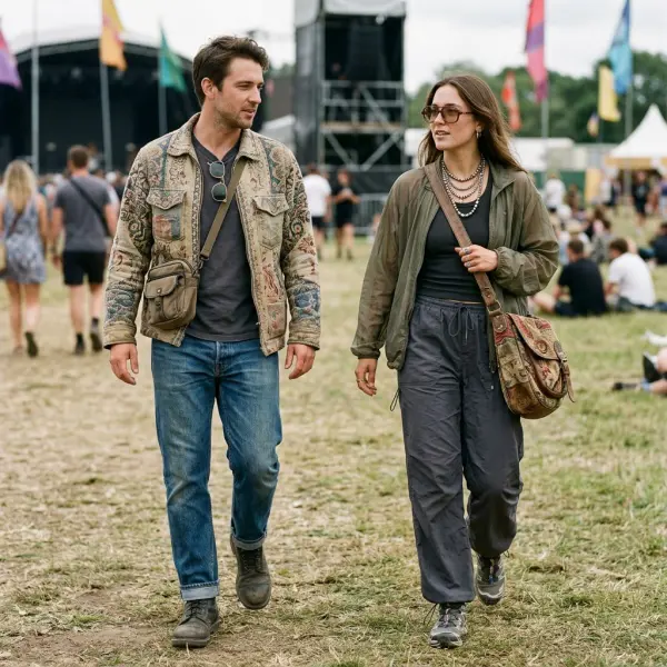 Contemporary festival styling combining vintage expressive pieces with functional everyday clothing