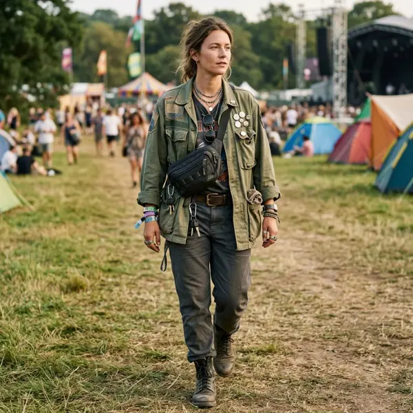 Close-up of accessories layering footwear and customization used in music event styling