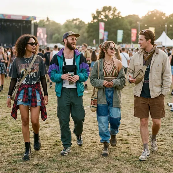Music festival attendees wearing varied colors silhouettes and styling influenced by different music cultures