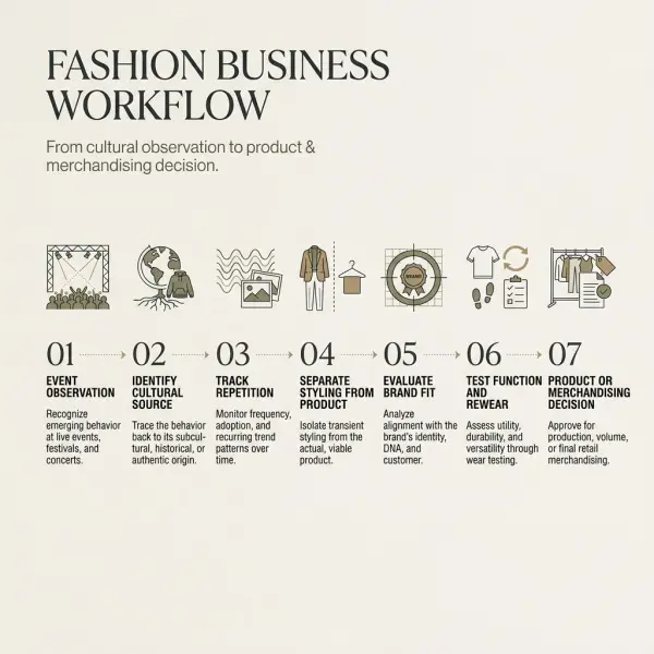 Workflow for fashion teams analyzing music event signals before translating them into products