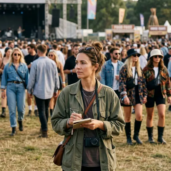 Fashion researcher observing recurring outfit silhouettes and styling at a music festival