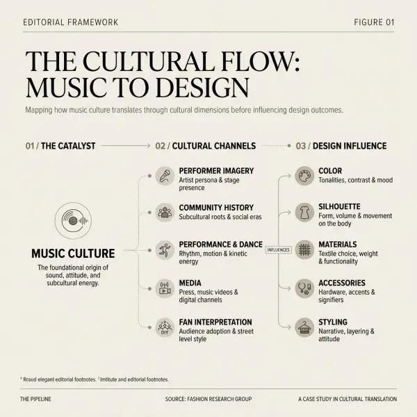Fashion framework showing how music genre develops into recognizable color silhouette material and styling references