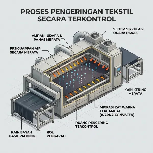 Pengendalian pengeringan untuk mengurangi migrasi zat warna pada pad dyeing