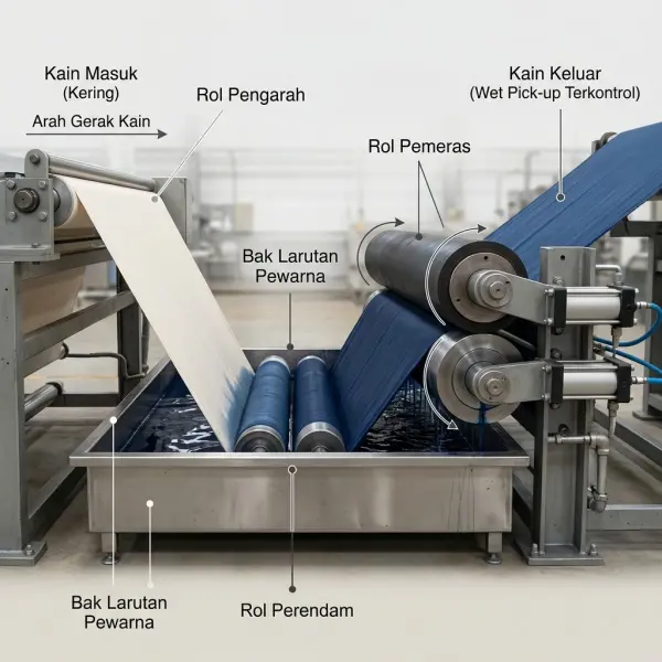 Prinsip pad dyeing dengan kain melewati bak larutan dan roller pemeras