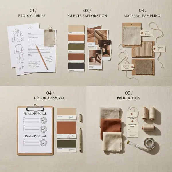 Tahapan pemilihan warna earth tone dari product brief hingga persetujuan produksi