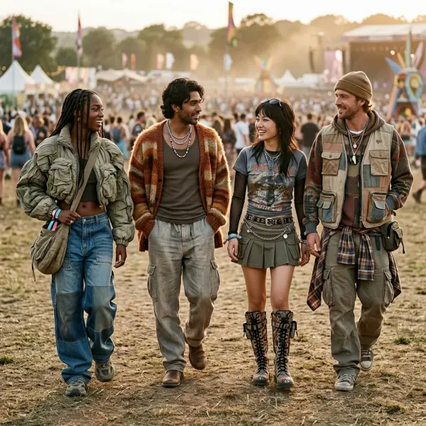 Festival attendees using distinctive fashion as statement dressing within a music event crowd