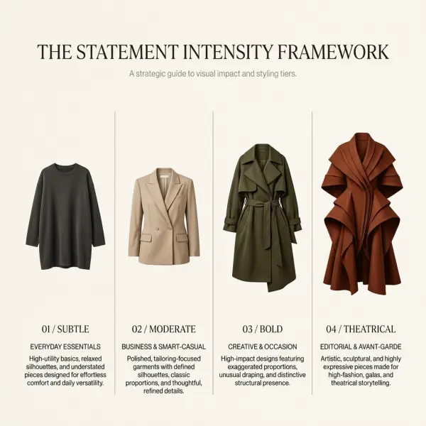 Fashion framework comparing subtle moderate bold and theatrical levels of statement dressing