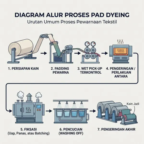 Tahapan umum proses pad dyeing dari padding hingga fiksasi dan pencucian