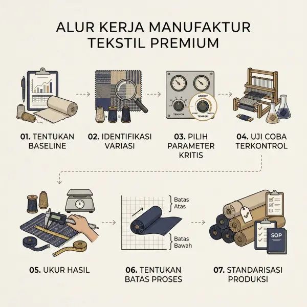 Alur optimasi pad dyeing dari baseline hingga validasi produksi