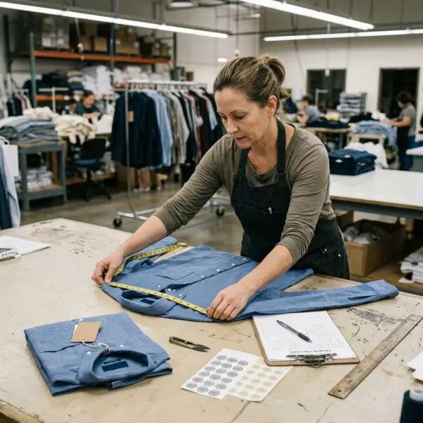 Quality inspector measuring a private label garment during apparel production