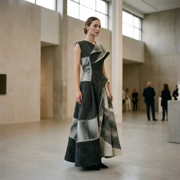 Gaun fashion eksperimental dengan elemen visual E Ink yang terintegrasi pada permukaan busana