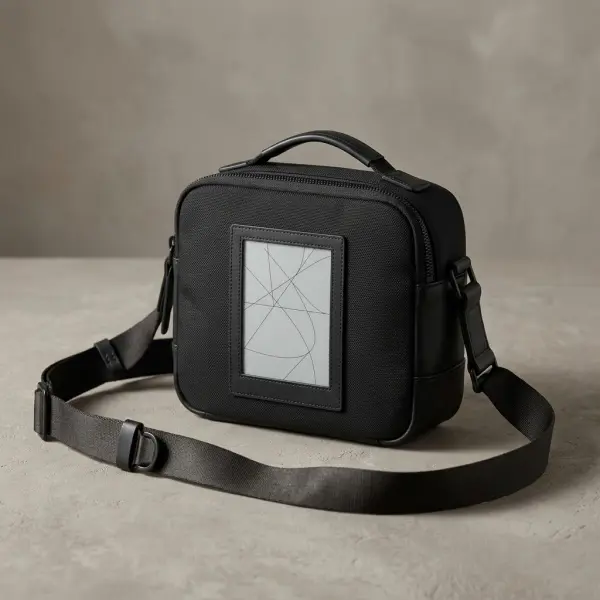 Prototipe tas fashion dengan panel E Ink monokrom sebagai elemen desain yang dapat diperbarui