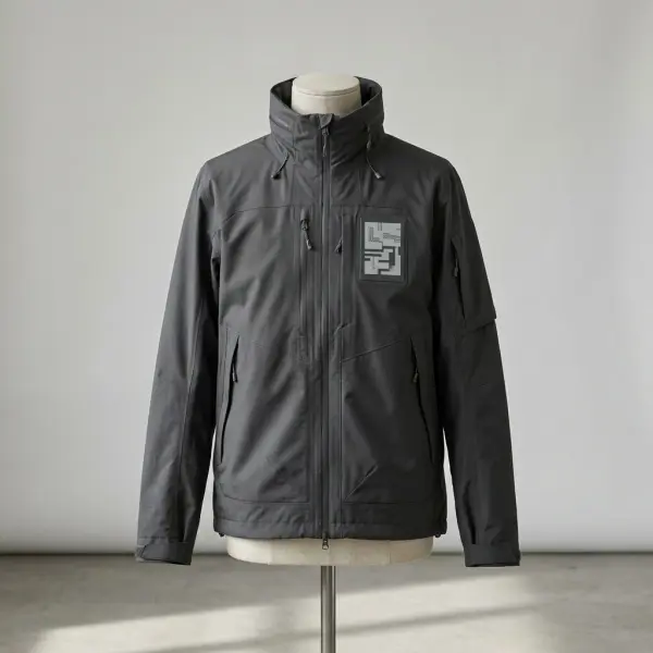 Konsep jaket fashion modern dengan panel E Ink kecil pada bagian dada sebagai elemen visual yang dapat diperbarui