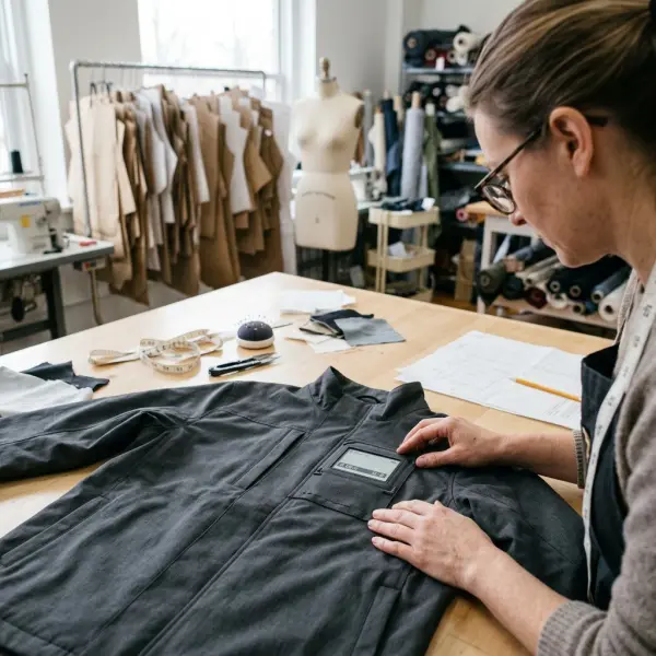 Pengembang produk fashion memeriksa prototipe jaket dengan panel E Ink dan mengevaluasi posisi integrasi elektronik