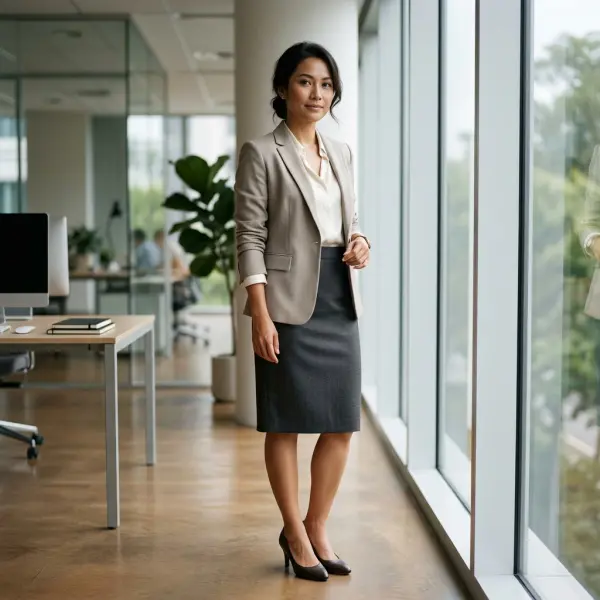 Rok formal dengan siluet terstruktur untuk menciptakan penampilan profesional modern