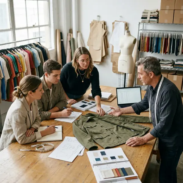 Fashion brand team reviewing apparel samples with an external garment manufacturing partner
