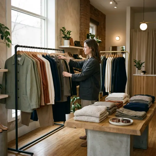 Fashion retailer merchandising private label garments alongside third-party clothing brands