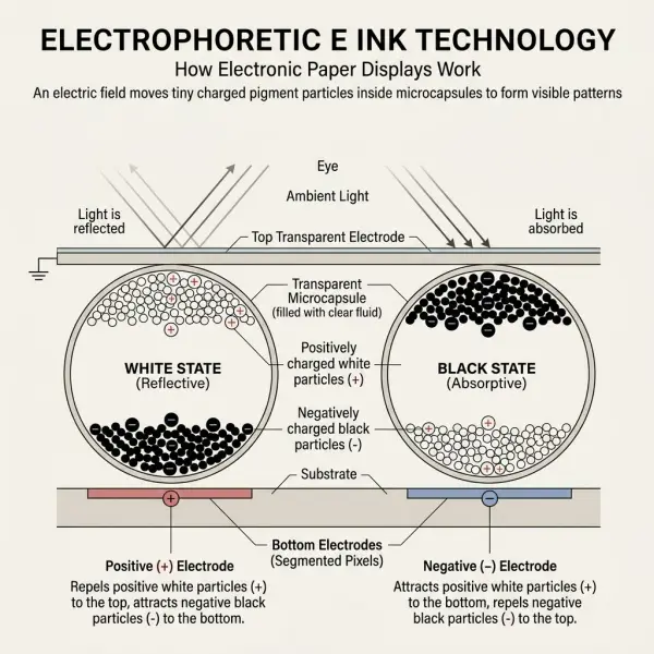 Ilustrasi teknis prinsip kerja partikel bermuatan pada panel E Ink untuk tampilan digital fashion