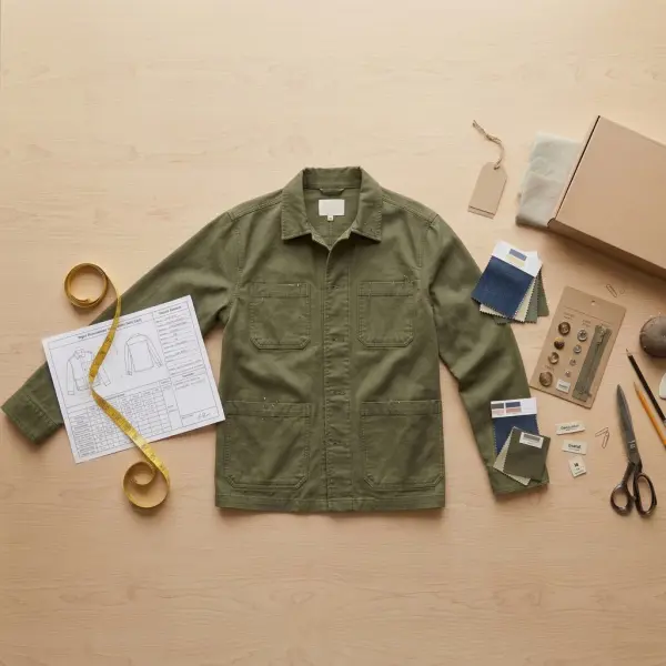 Apparel product development table with garment sample, fabric swatches, trim cards, measurement sheet, and private label tags