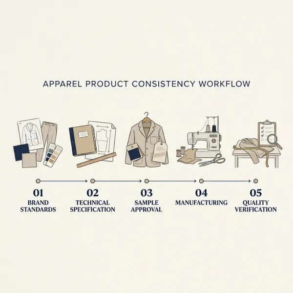 Workflow showing how private label brands maintain product consistency through specification, sampling, approval, and manufacturing