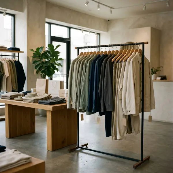 Cohesive private label fashion collection displayed in a boutique with consistent silhouettes, colors, and branded packaging