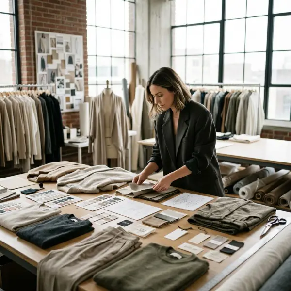 Fashion brand owner developing a cohesive private label clothing collection through fabric swatches, garments, and color references