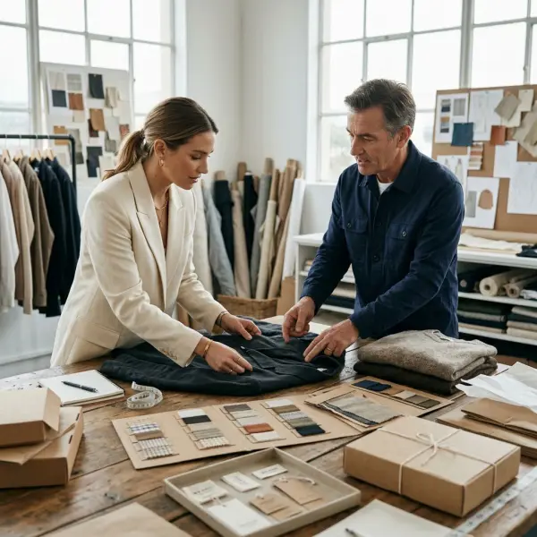 Fashion entrepreneur reviewing private label clothing samples and brand packaging with a manufacturing supplier
