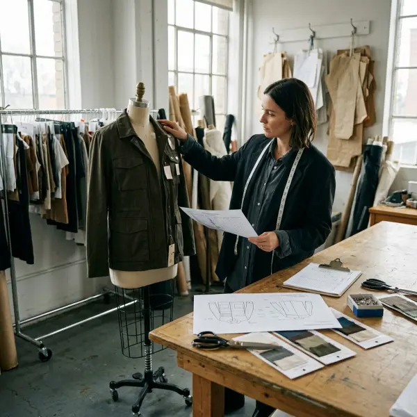 Fashion product developer measuring a private label garment sample against technical specifications