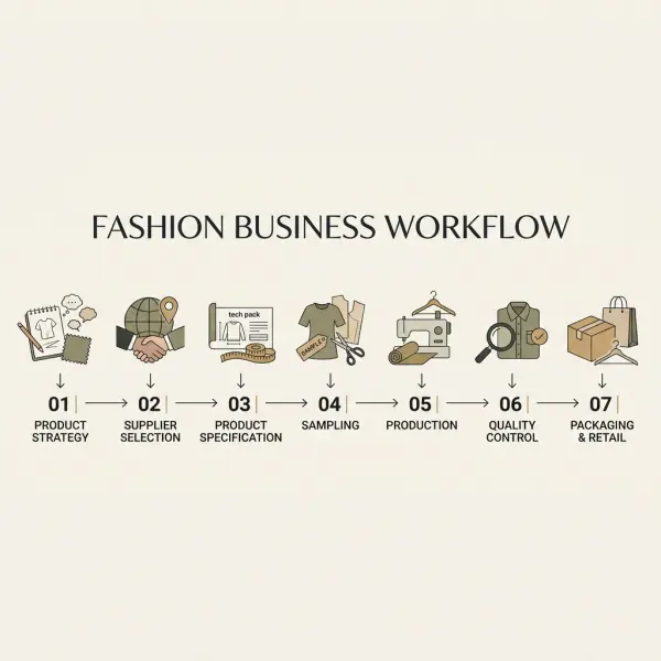 Private label fashion workflow from product concept and sourcing to production, quality control, and retail
