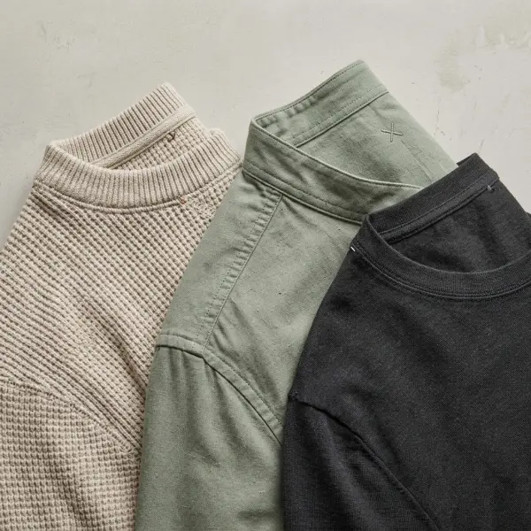 Close-up comparison of private label garment fabrics, collars, stitching, and construction details