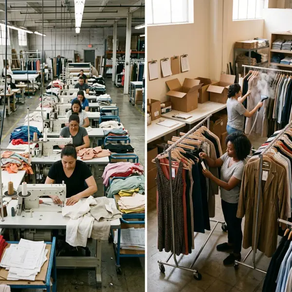 Private label garments undergoing production compared with finished wholesale clothing ready for resale