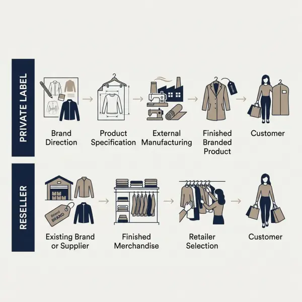 Workflow comparison between private label apparel manufacturing and reseller clothing sourcing