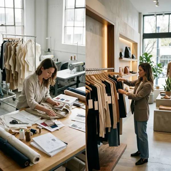 Side-by-side comparison of private label clothing development and fashion reseller retail operations