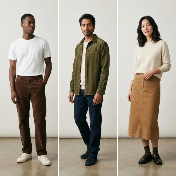 Three contemporary casual looks featuring corduroy trousers, a corduroy overshirt, and a corduroy midi skirt