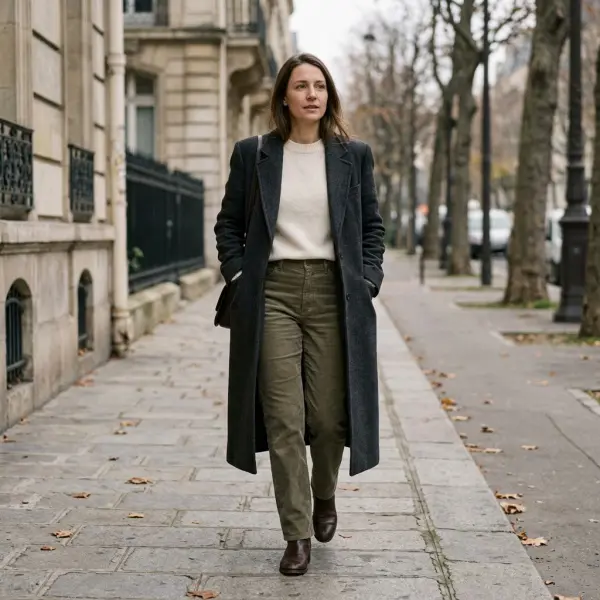 Layered autumn outfit featuring olive corduroy trousers, knitwear, wool coat, and leather boots