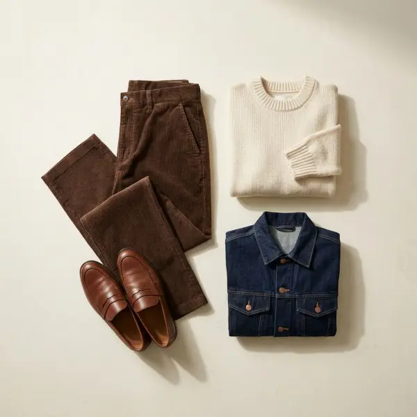 Fashion styling arrangement of brown corduroy trousers with cream knitwear, a dark denim jacket, and leather accessories